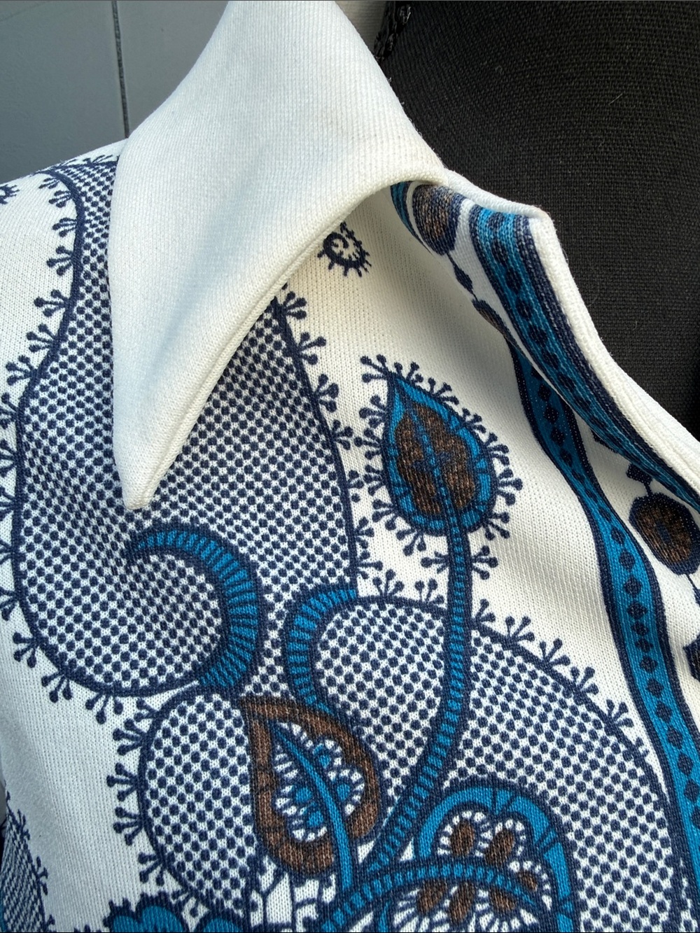 Vintage Blue and Brown Floral Button-Down Knit Shirt polyester top blouse - Picture 3 of 9